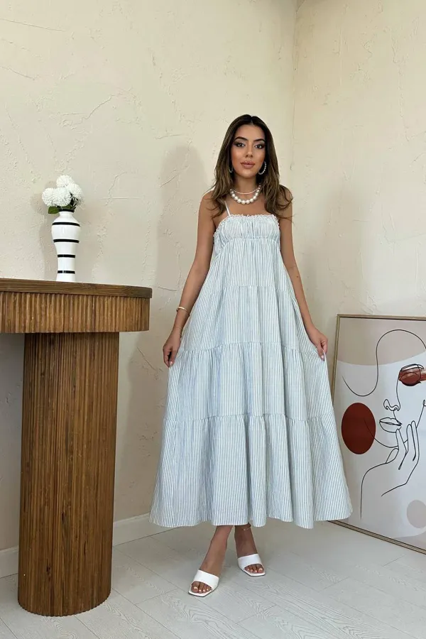 Wholesale Blue Strappy Striped Muslin Dress