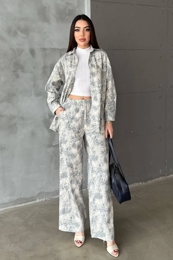 Ensemble veste et pantalon en lin gris à motif léopard en gros