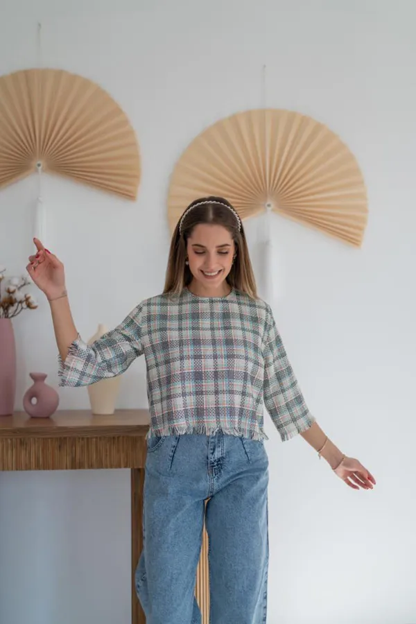 Toptan Desenli Püskül Detaylı Bluz