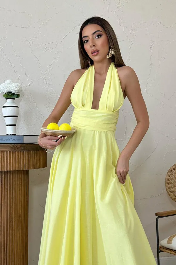 Toptan Sarı Askılı Keten Elbise