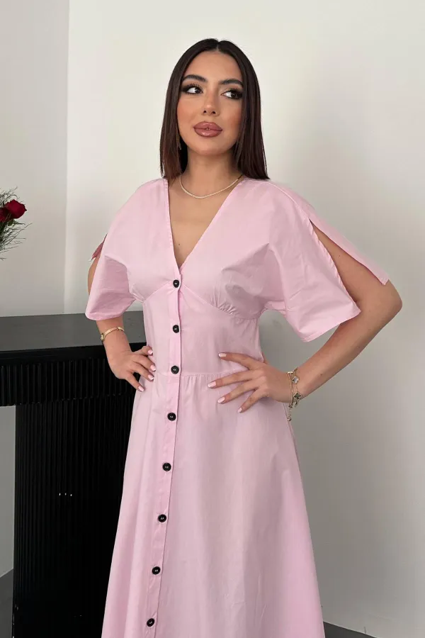 Toptan Pembe Düğmeli Midi Boy Poplin Elbise