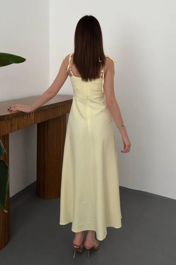 Toptan Sarı Yırtmaçlı Göğüs Kuplu Atlas Elbise