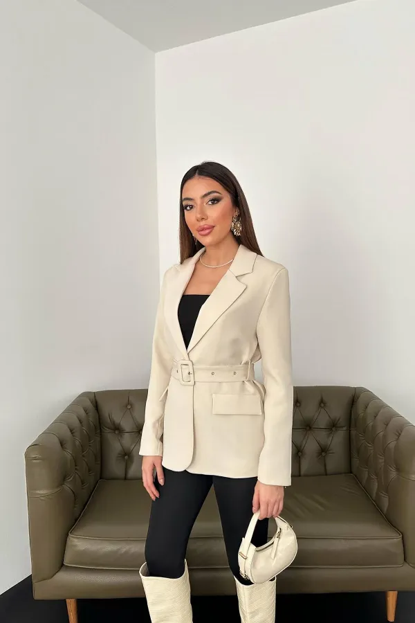 Wholesale Beige Jacket with Pocket Flap and Belt