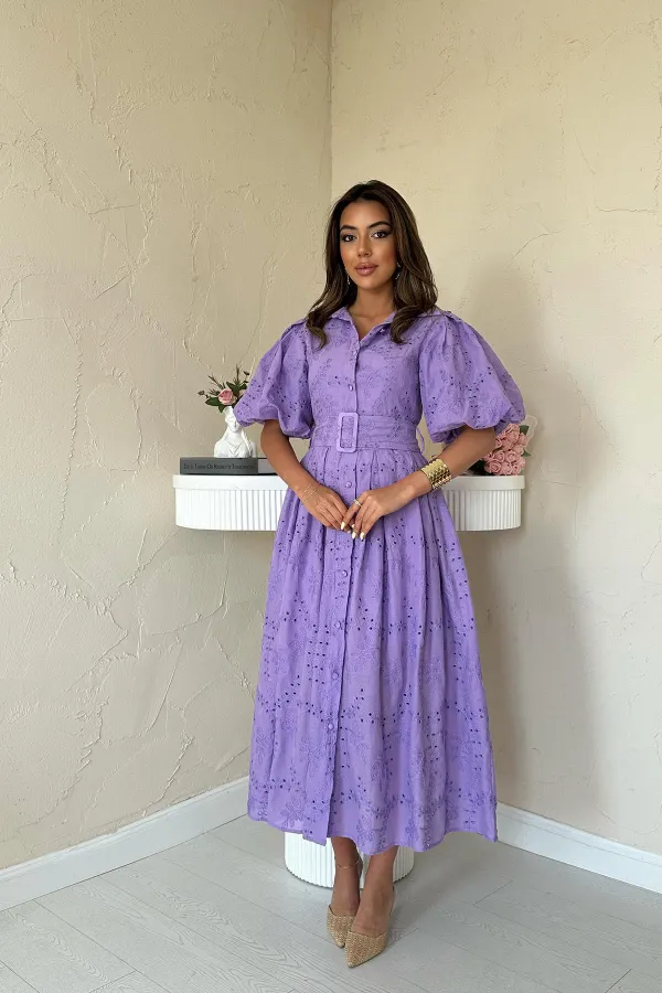 Robe plissée lilas à manches ballon en gros
