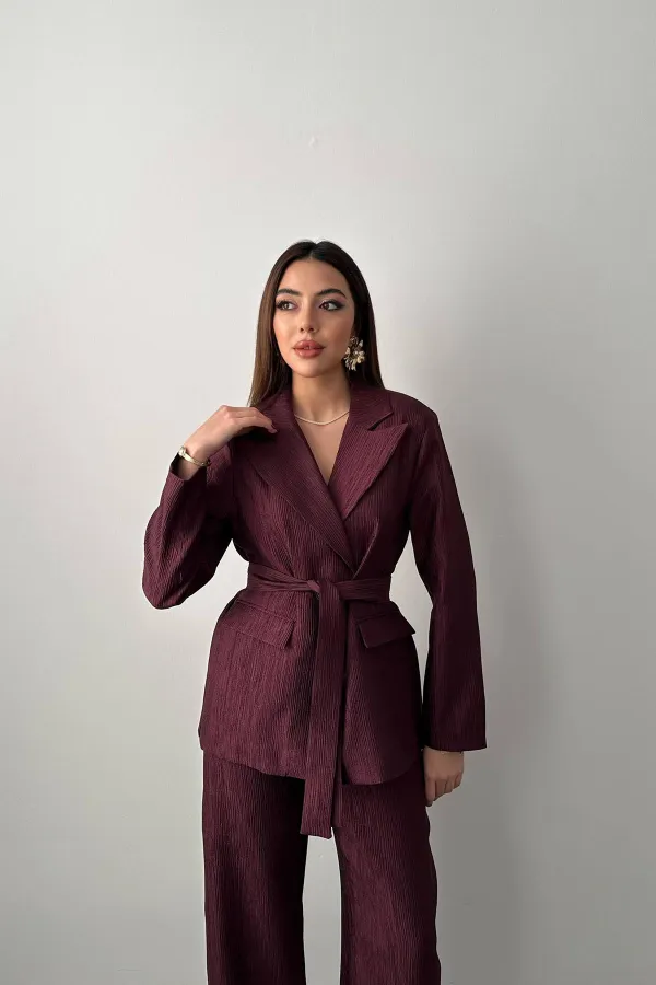 Wholesale Plum Glossy Belted Suit