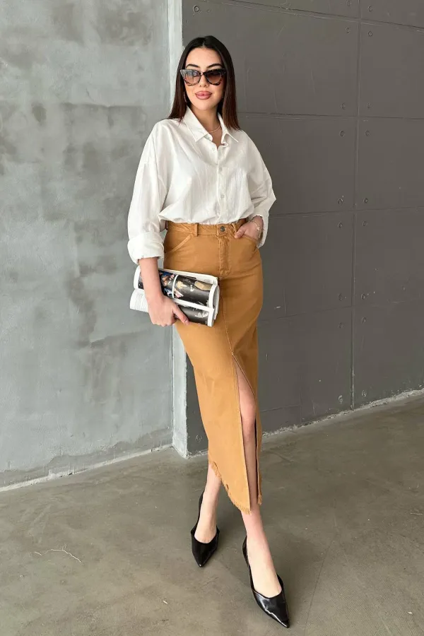 Toptan Camel Gabardin Boyamalı Püsküllü Etek