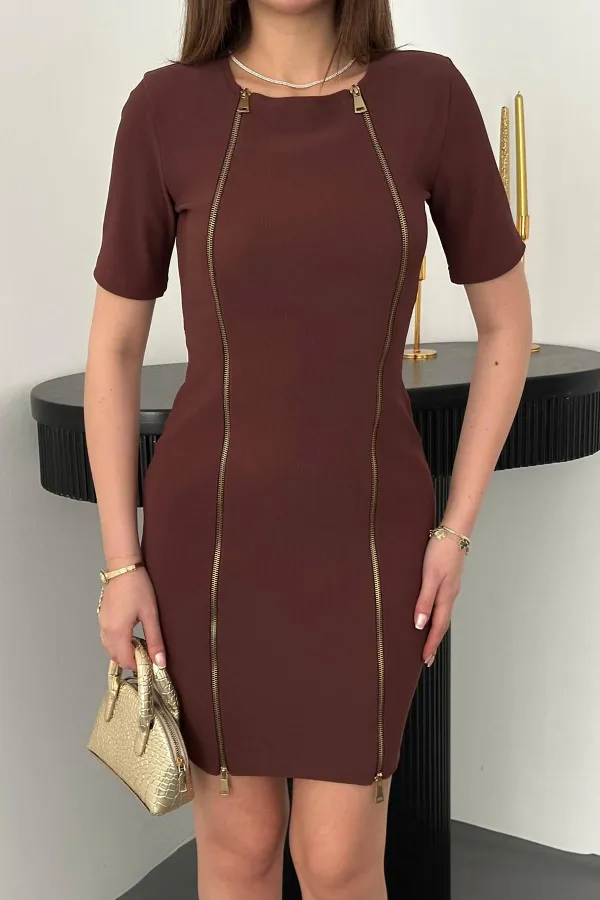 Toptan Kahverengi Fermuarlı Ottoman Elbise