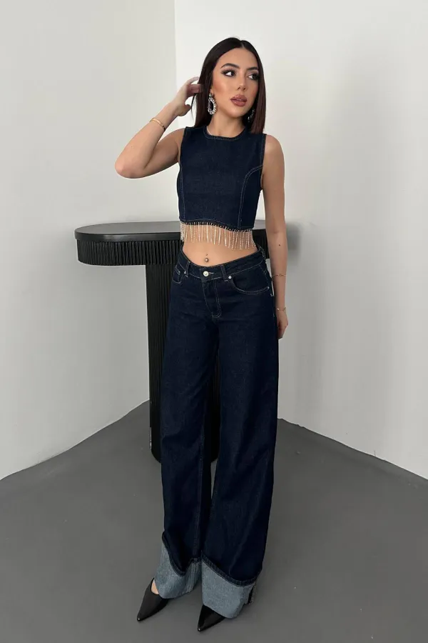 Toptan Mavi Altı Zincirli Bluz