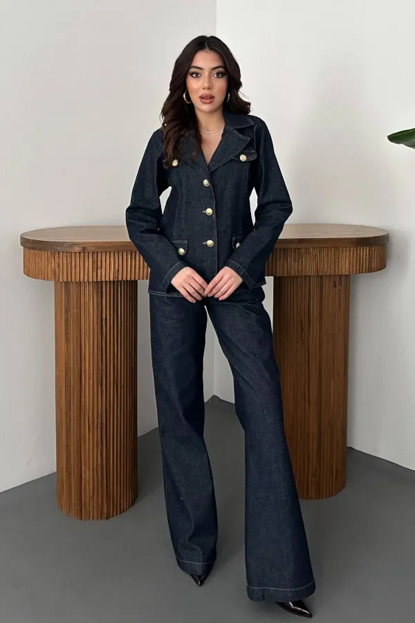 Toptan Mavi Gold Düğmeli Kot Takım