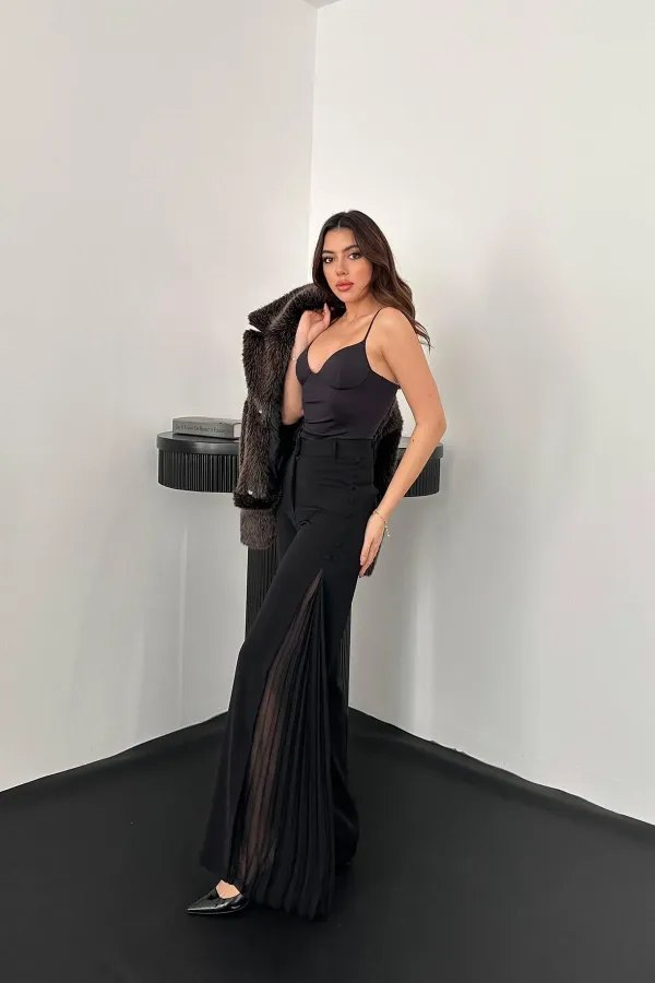 Toptan Siyah Yanları Piliseli Pantolon