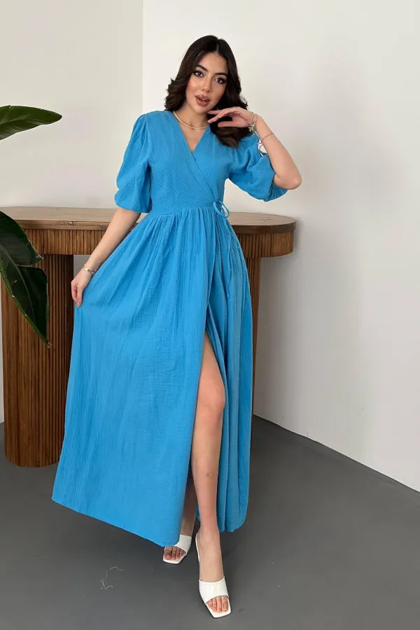 Robe longue bleue en mousseline de mousseline en gros