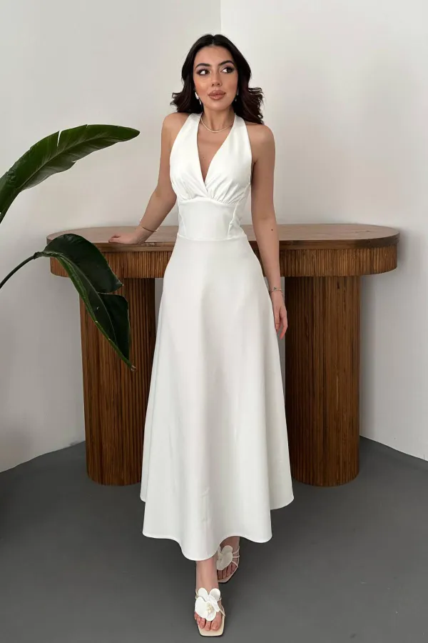 Toptan Ekru Atlas Göğüs Kuplu Elbise