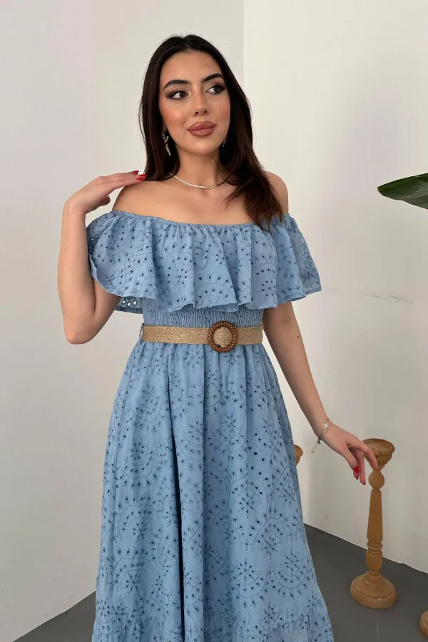 Wholesale Baby Blue Elastic Shoulder Embroidered Dress