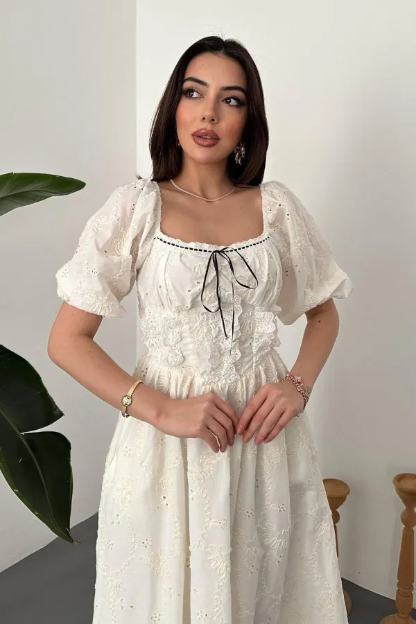 Wholesale Ecru Lace Detailed Embroidered Dress