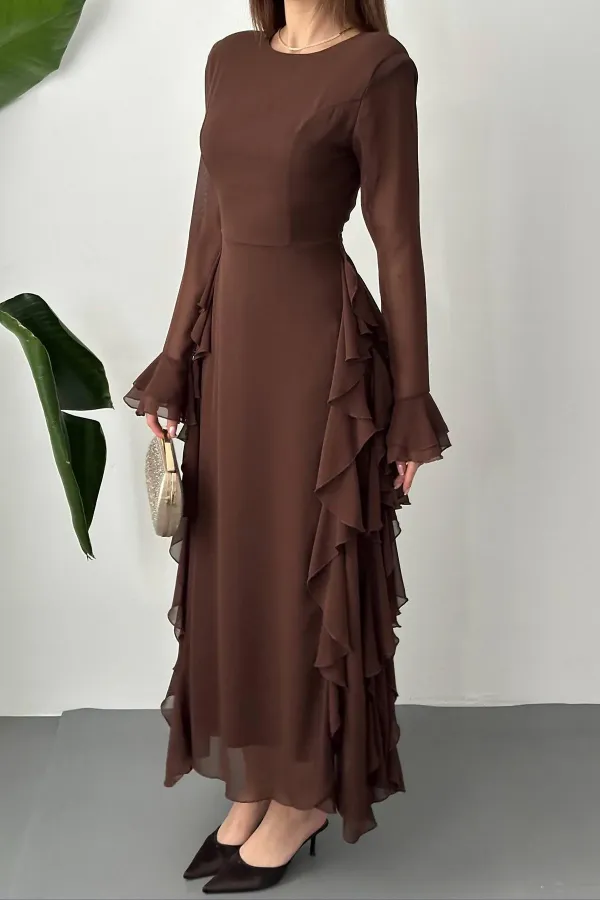 Toptan Kahverengi Volanlı Şifon Elbise