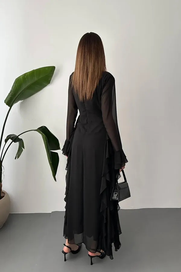 Toptan Siyah Volanlı Şifon Elbise