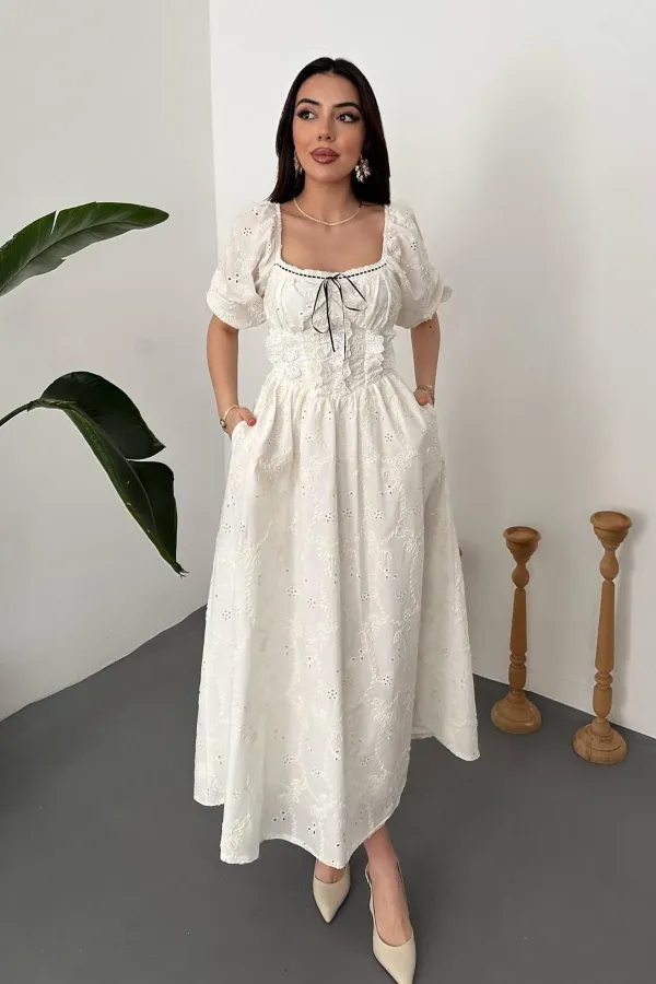 Wholesale Ecru Lace Detailed Embroidered Dress