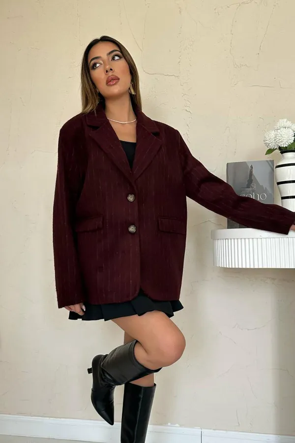 Toptan Bordo Çizgili Yün Ceket