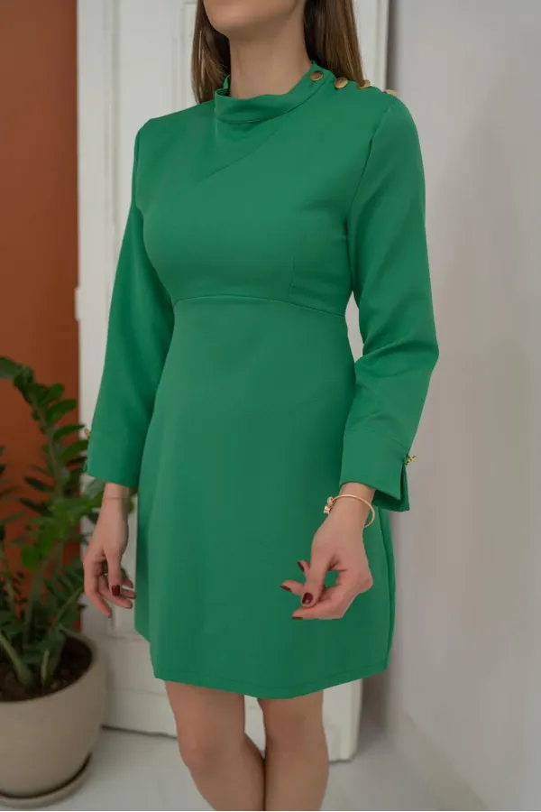 Toptan Yeşil Omuzu Düğmeli Elbise