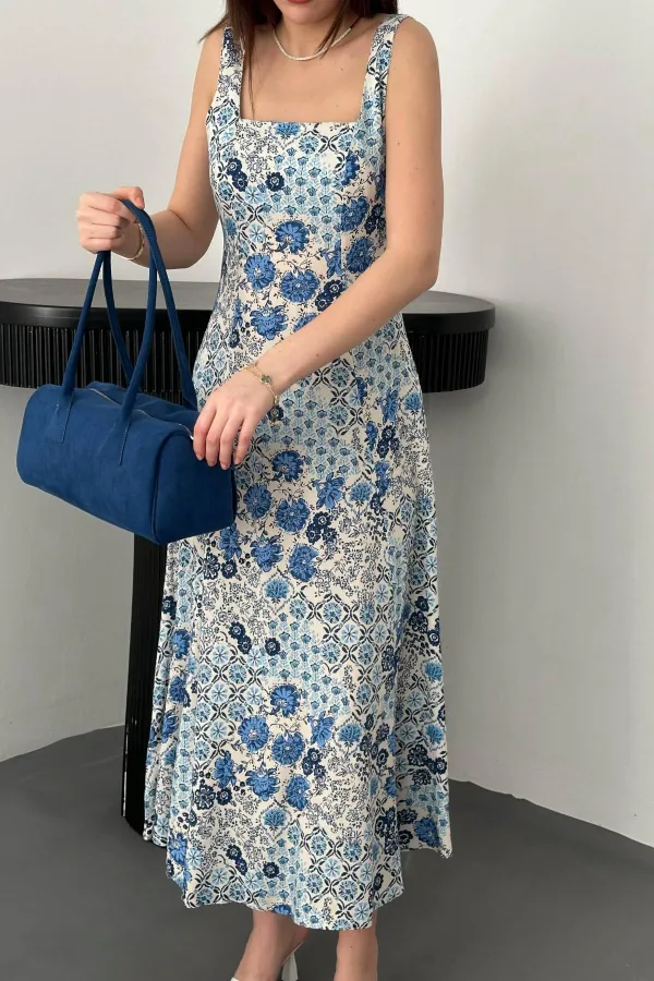 Toptan Mavi Çiçekli Viskon Elbise