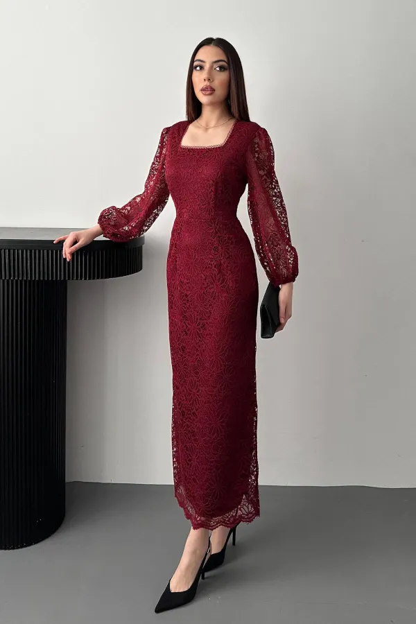 Toptan Bordo Güpür Detaylı Dantel Elbise