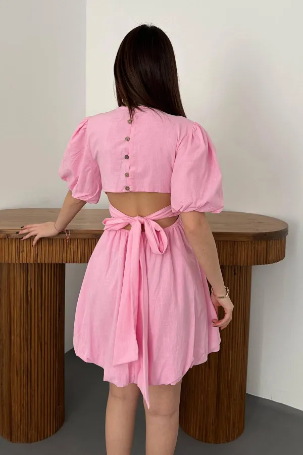 Toptan Pembe Arkadan Bağlamalı Keten Elbise
