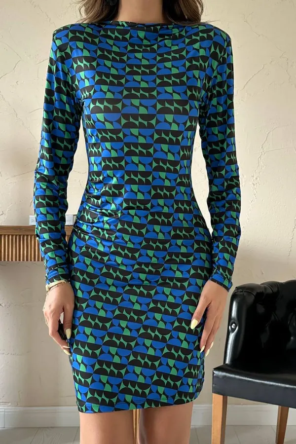 Robe plissée bleue à motifs en gros