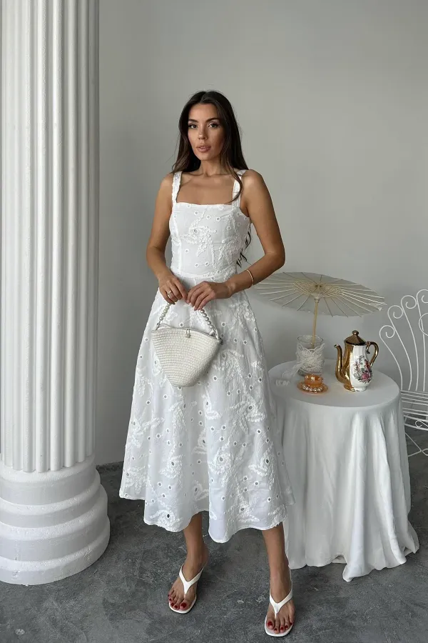 Toptan Beyaz Arkası Korse Detaylı Uzun Elbise
