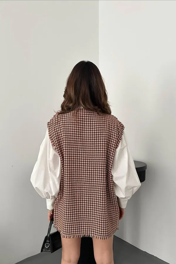 Ensemble gilet et short à motif pied-de-poule marron en gros