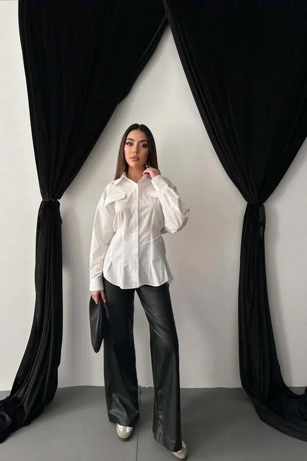 Toptan Beyaz Kapaklı Pileli Gömlek