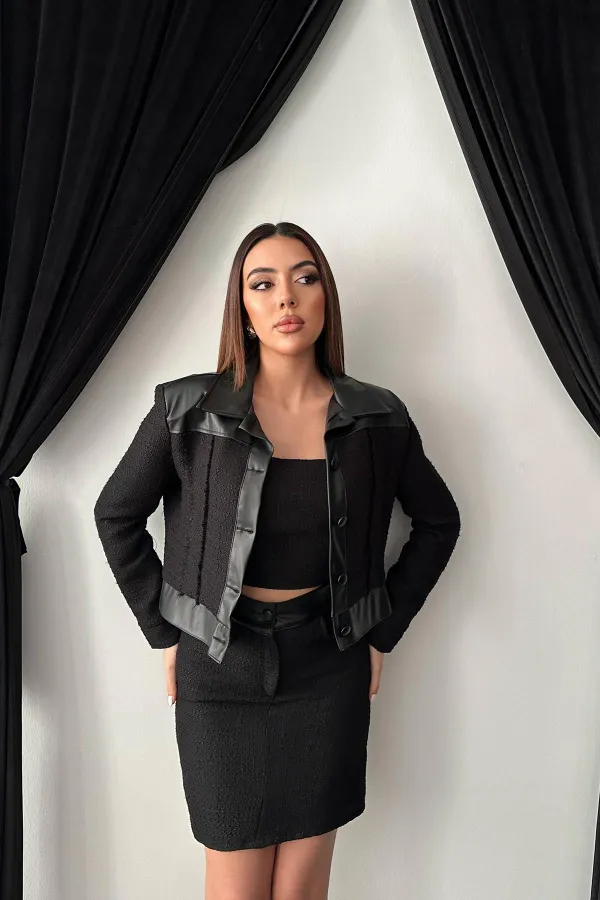 Ensemble veste et pantalon garnis de cuir noir triple en gros