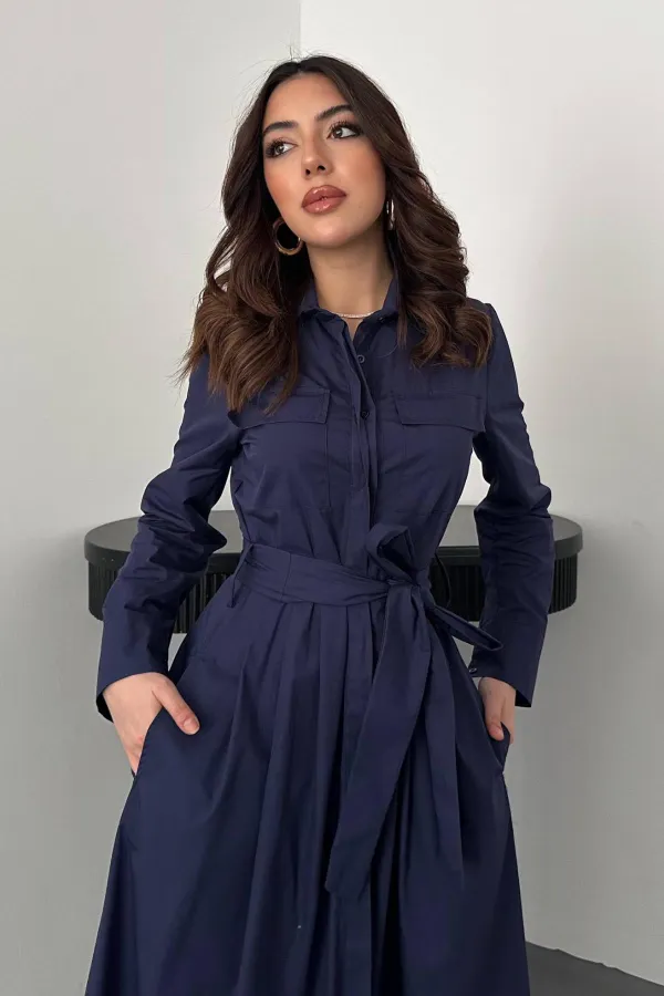 Toptan Lacivert Düğmeli Poplin Elbise
