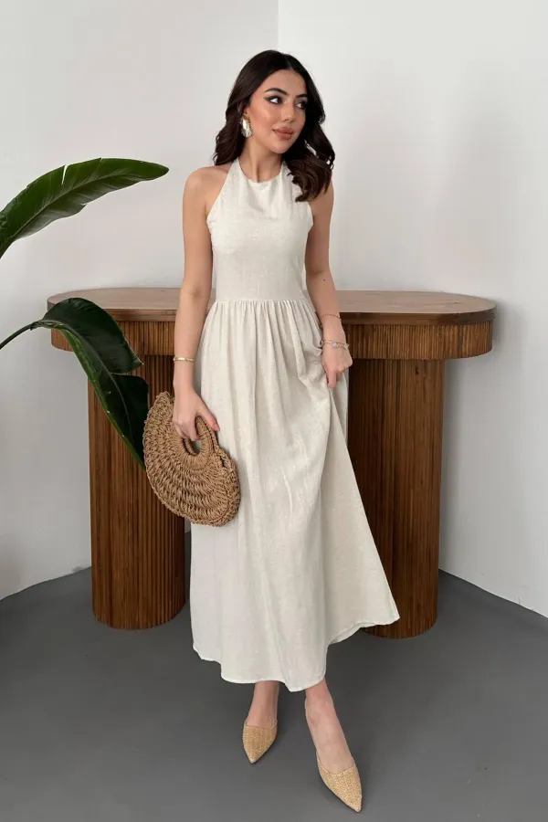 Robe en lin beige avec dentelle au dos, vente en gros