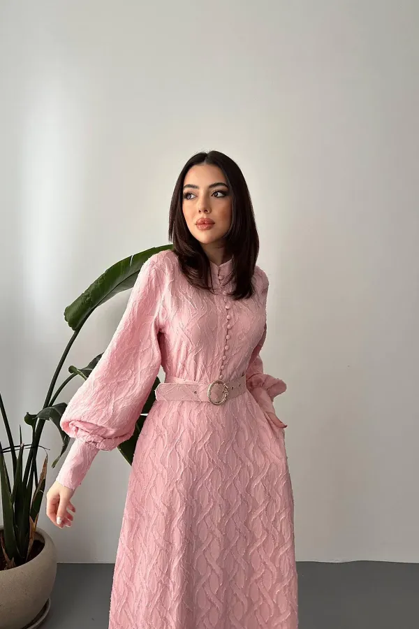 Toptan Pudra Kemer Detaylı Uzun Elbise