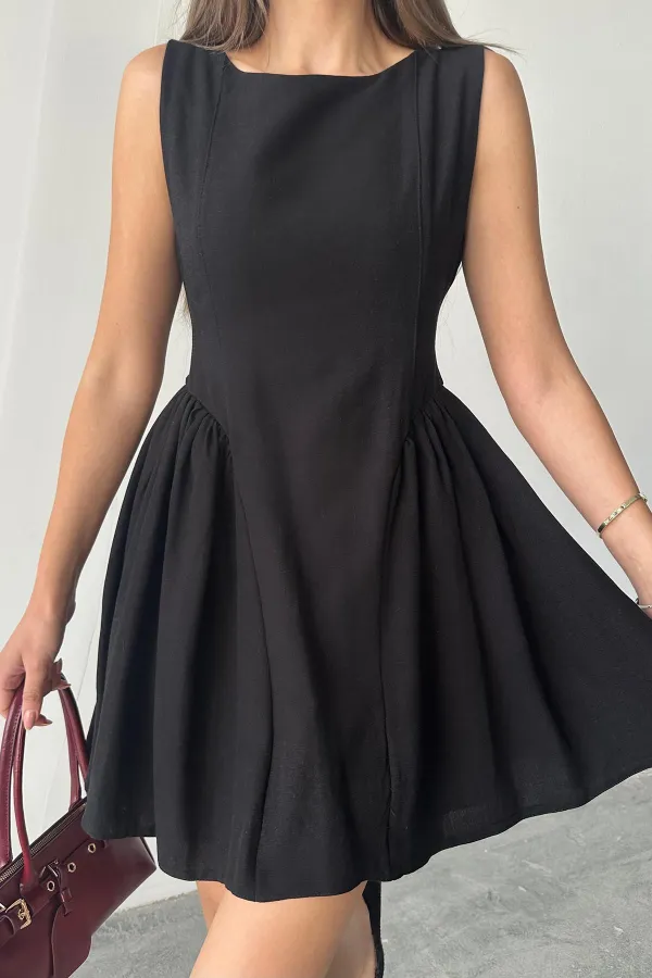 Robe mini froncée en lin noir en gros