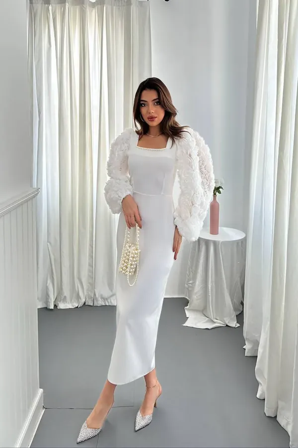 Wholesale Ecru Floral Sleeved Atlas Dress