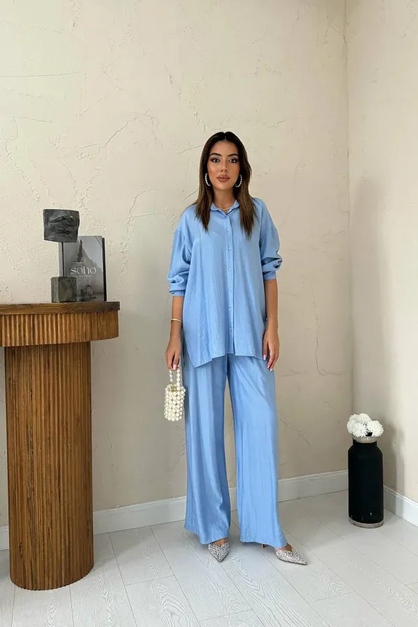 Ensemble chemise et pantalon ample bleu Alice en gros