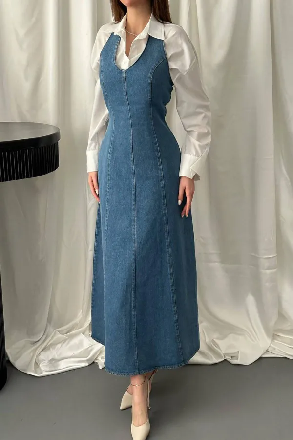 Toptan Mavi Boyundan Bağlamalı Kot Elbise