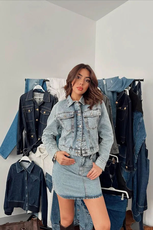 Toptan Mavi Işıltılı Kot Ceket Takım