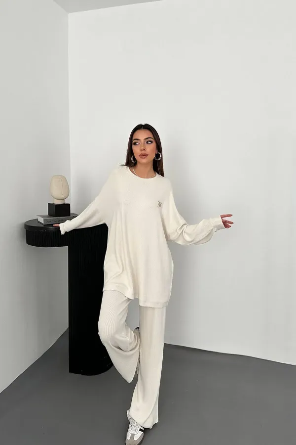 Toptan Ekru Klasik Fitilli Kazak Ve Pantolon Takım