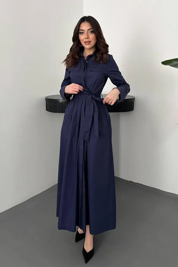 Toptan Lacivert Düğmeli Poplin Elbise