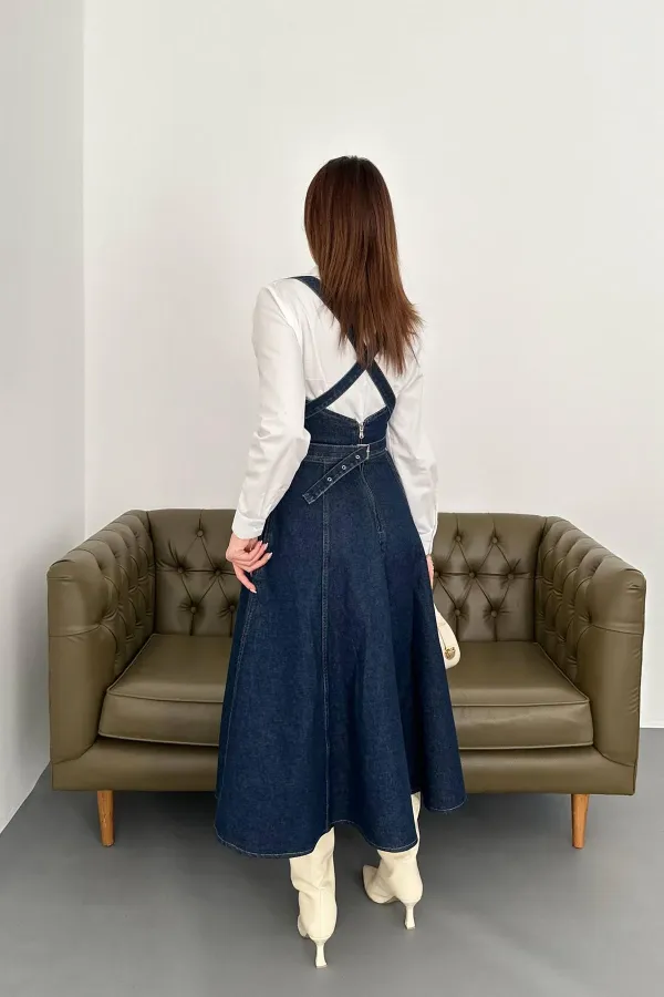 Toptan Mavi Midi Boy Bantlı Kot Elbise