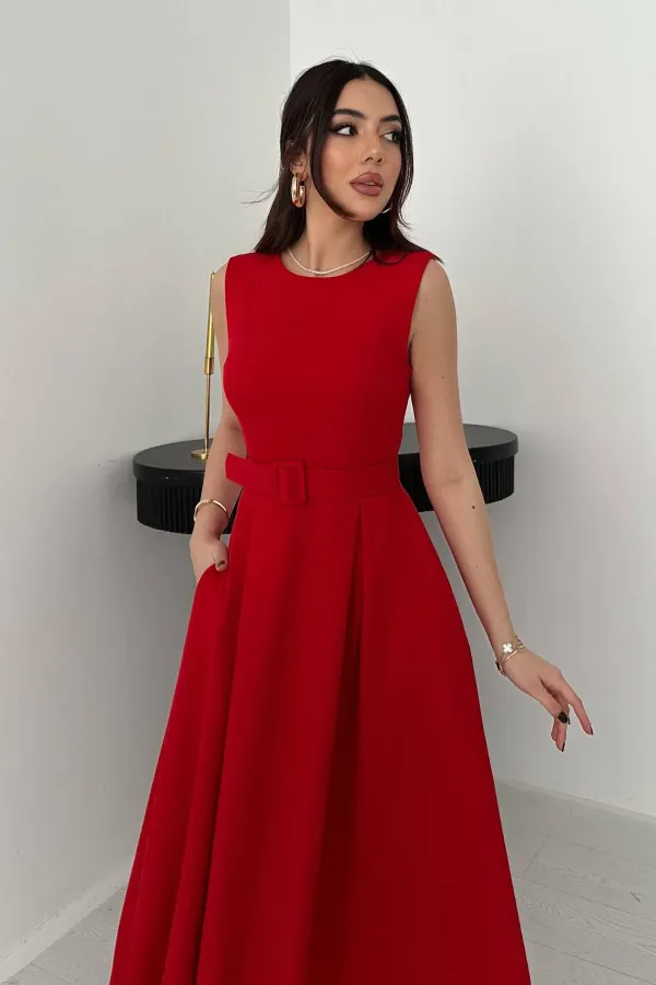 Toptan Kırmızı Halter Yaka Kloş Elbise