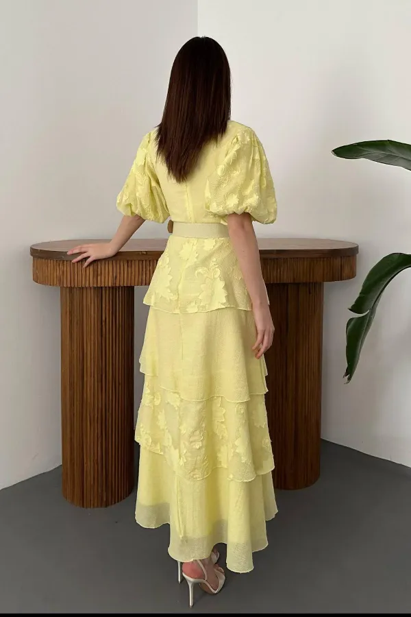 Wholesale Yellow Balloon Sleeve Layered Dress