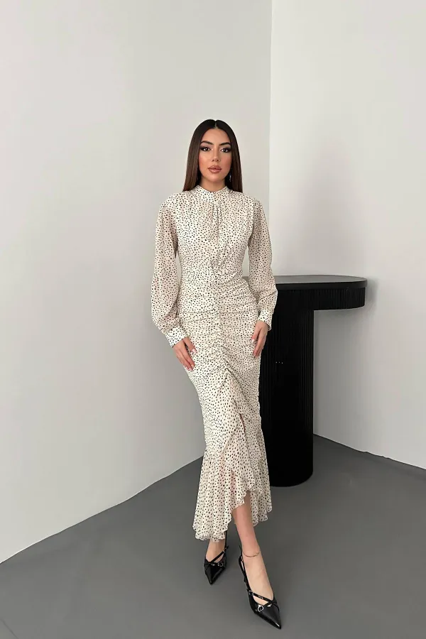 Toptan Bej Balık Şifon Elbise