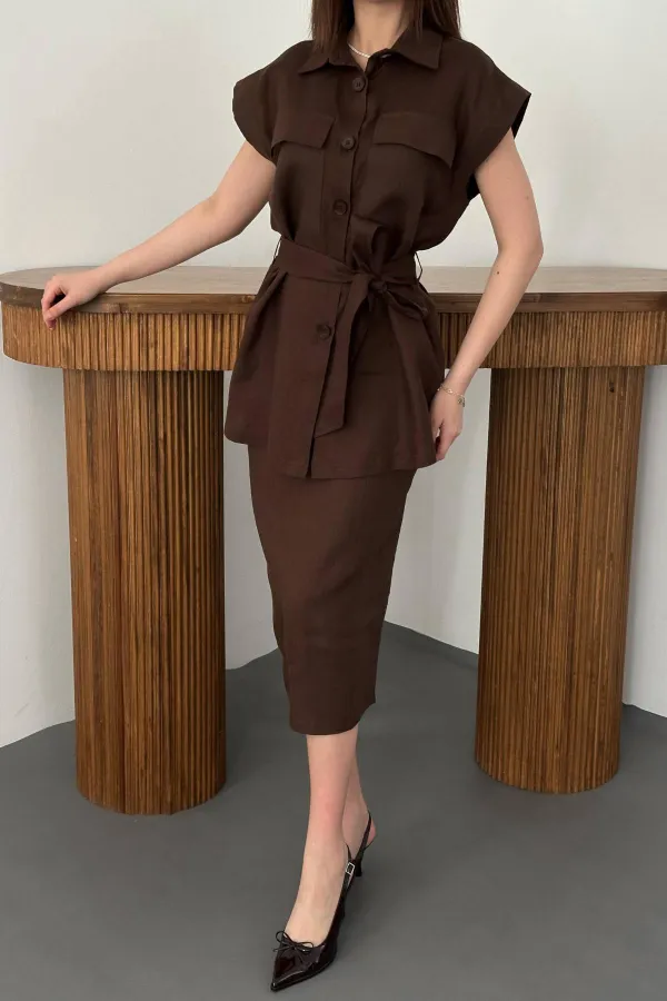 Toptan Kahverengi Cepli Gömlek Ve Etek Takım