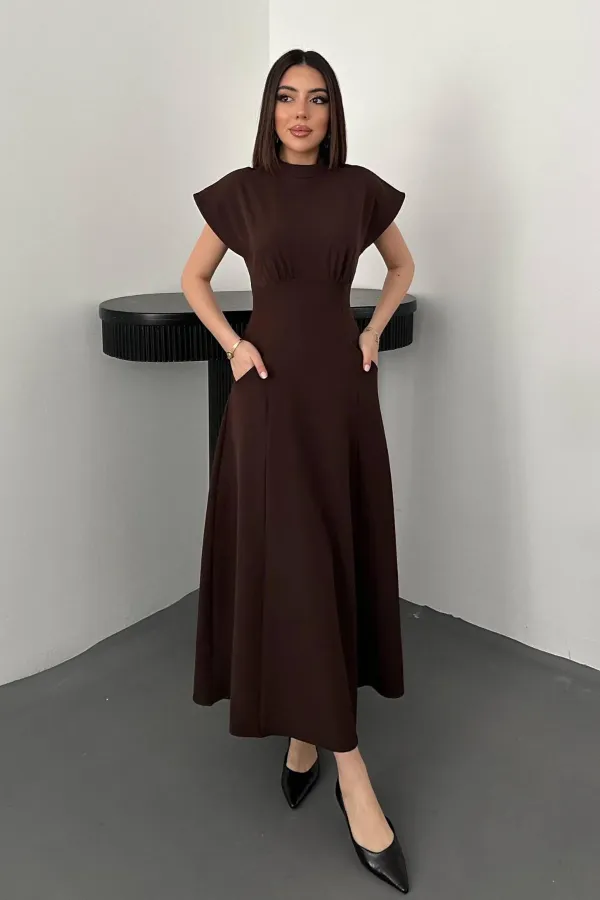 Toptan Kahverengi Göğüs Büzgülü Elbise
