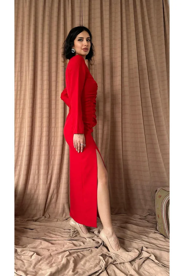 Robe longue fendue plissée rouge en gros