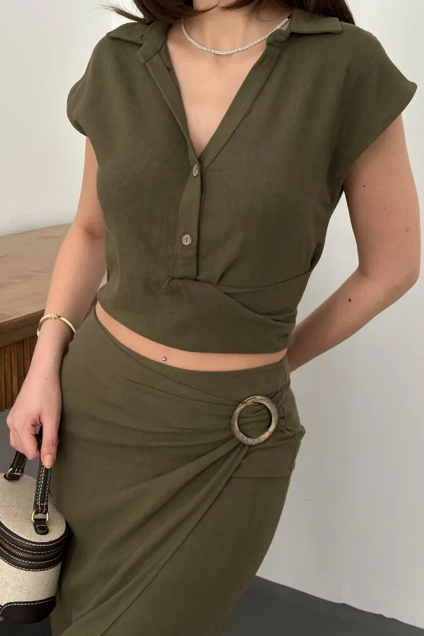 Toptan Haki Keten Gömlek Ve Etek Takım