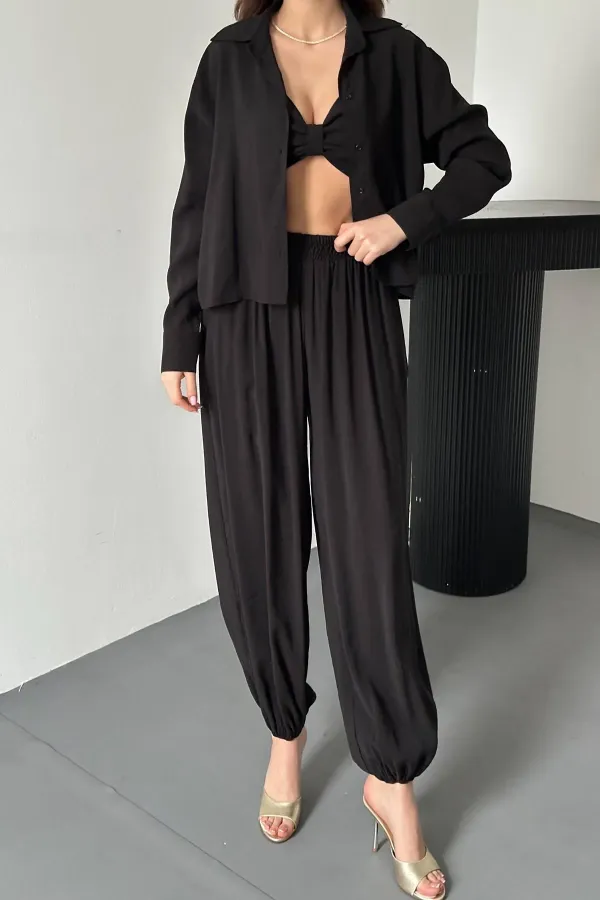 Toptan Siyah Gipe Detaylı Üçlü Takım